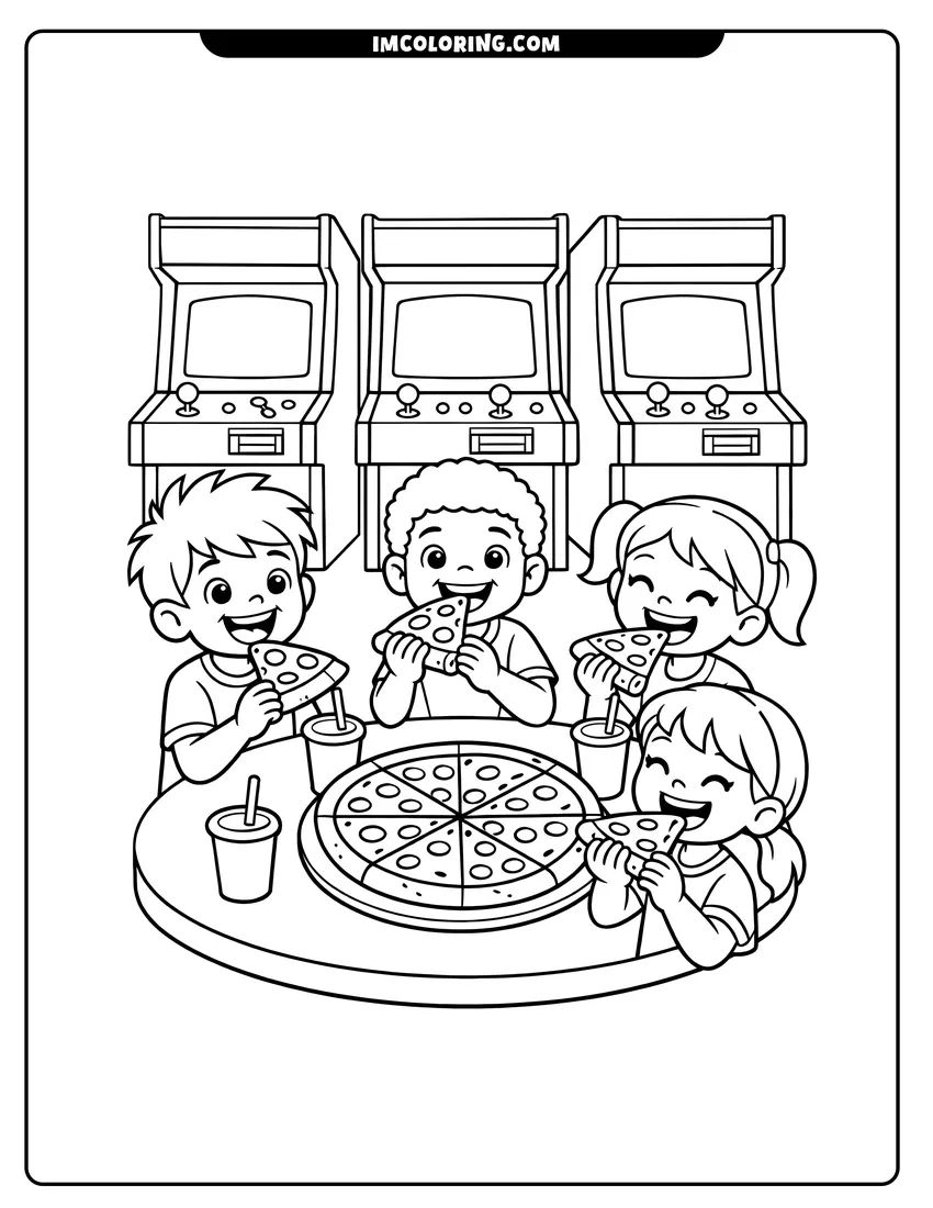 Coloring sheet of 80S kids eating pizza in a pizzeria for kids
