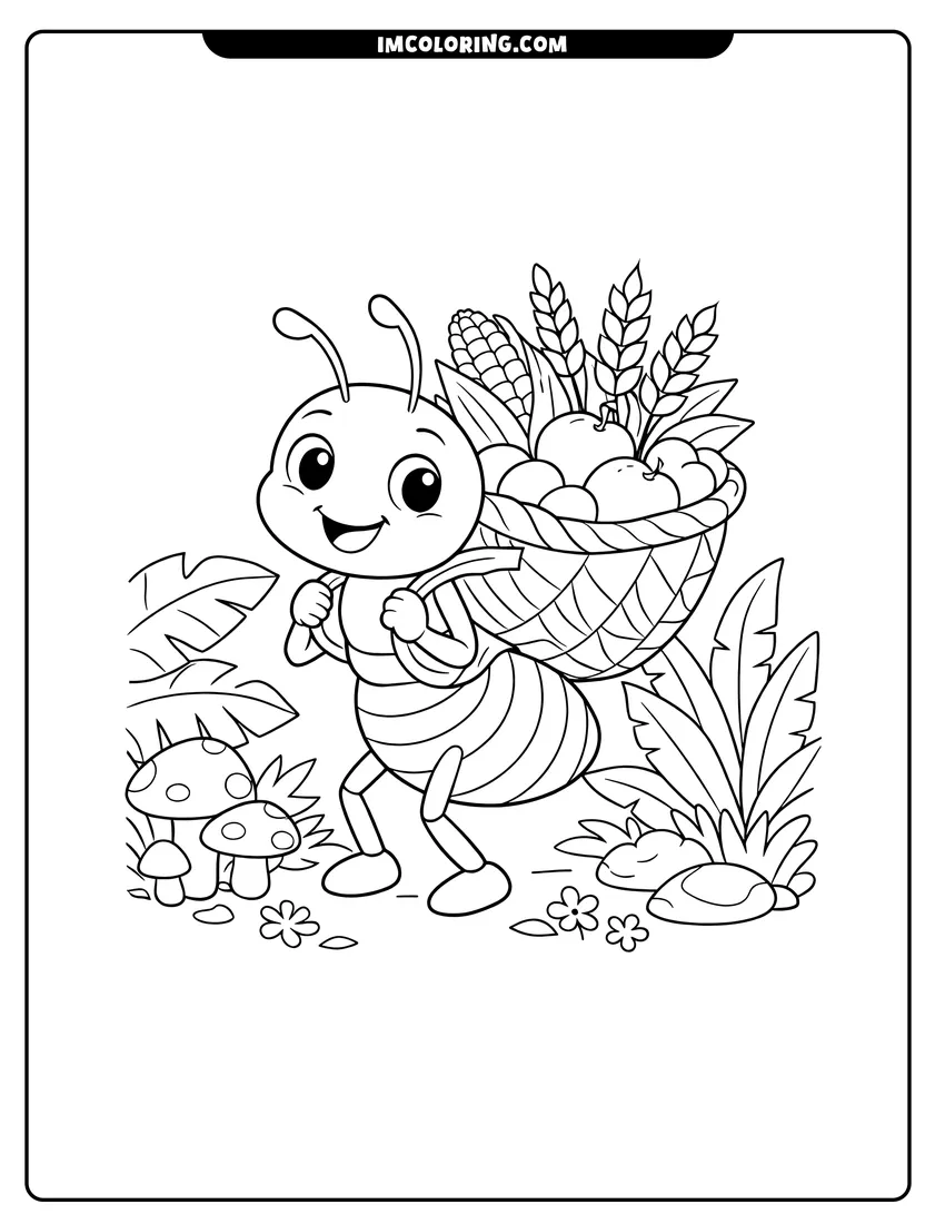 Detailed Cartoon ant carrying a basket of fruit and corn design for coloring