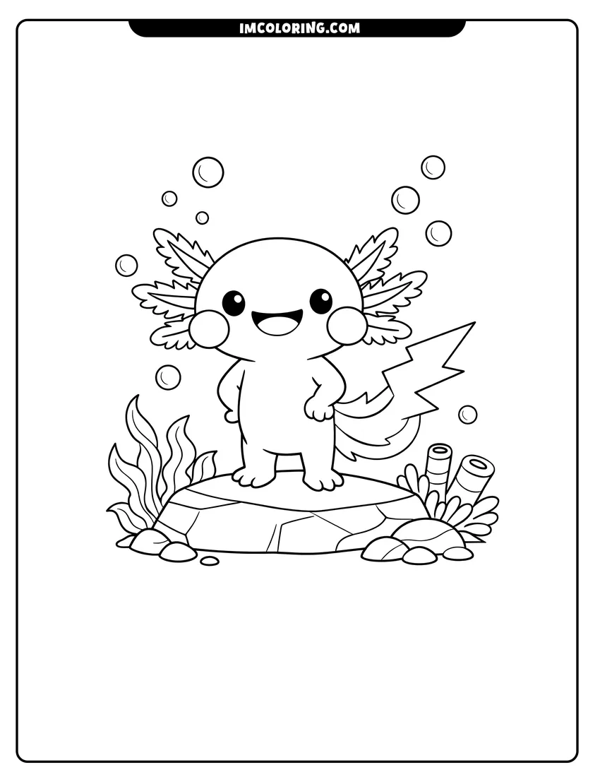Outline of Happy axolotl standing on a rock underwater on a white background