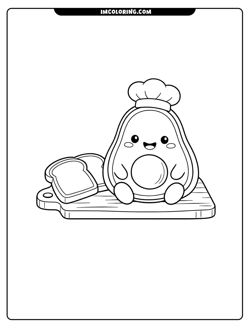 Easy-to-color Small kawaii avocado sitting on a wooden chopping board illustration