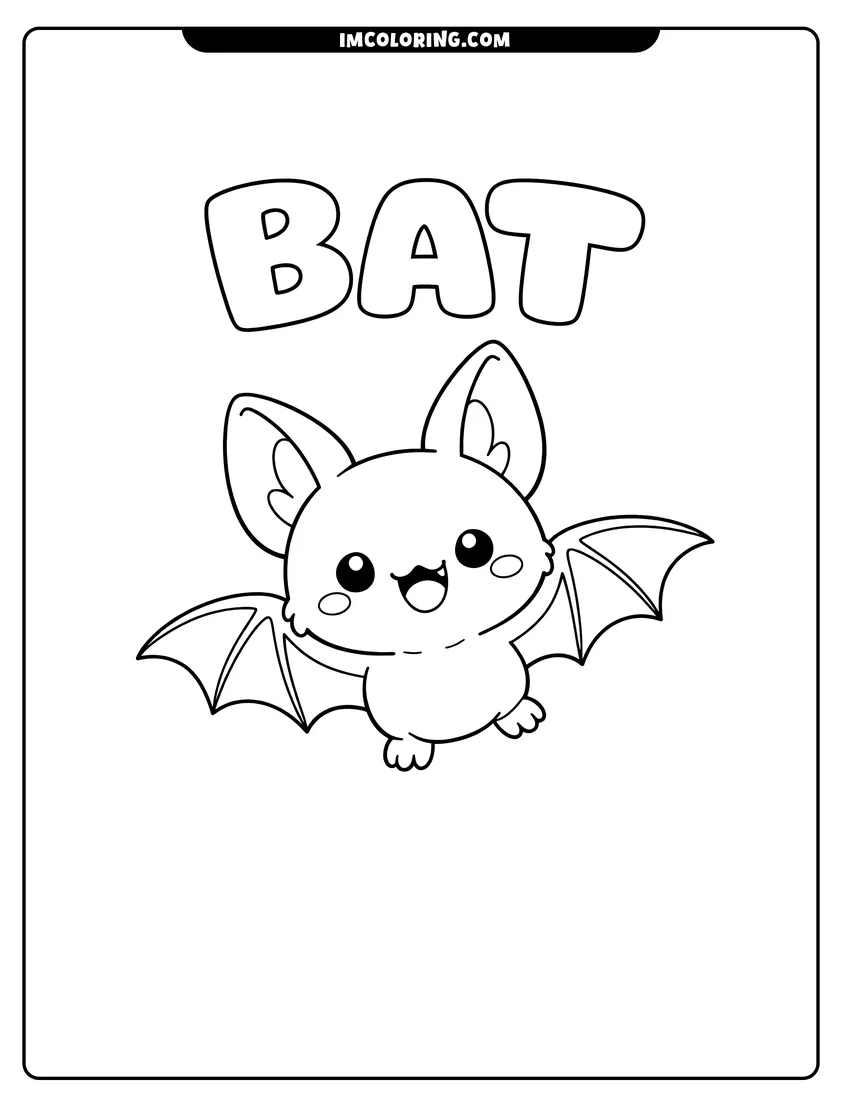 Illustration of Kawaii bat with the word BAT in bubble letters ready for painting