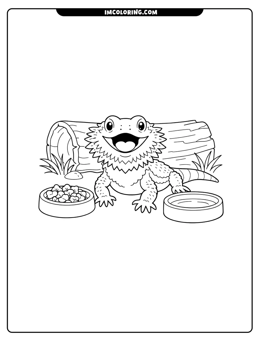 Happy bearded dragon standing between food and water bowls drawing meant for coloring
