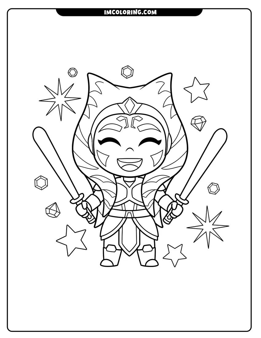 Illustration of Chibi Ahsoka Tano smiling with stars and diamonds ready for painting