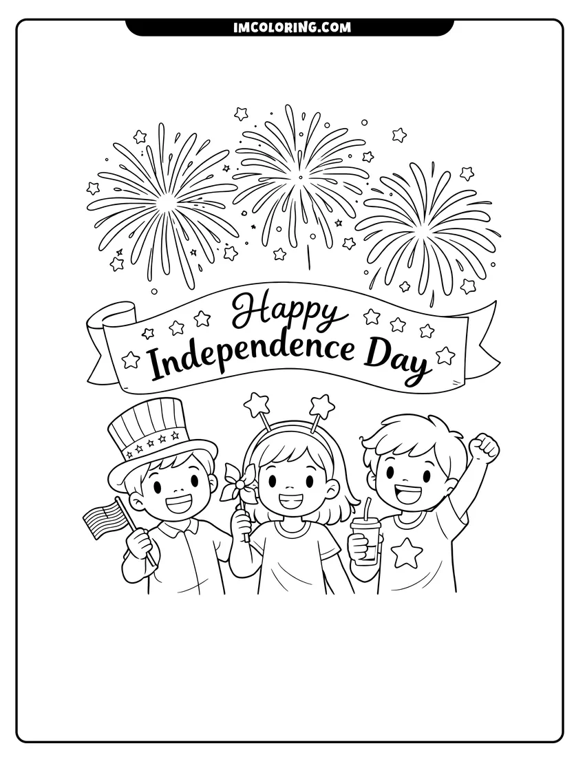 Fireworks above a Happy Independence Day banner coloring page for preschoolers