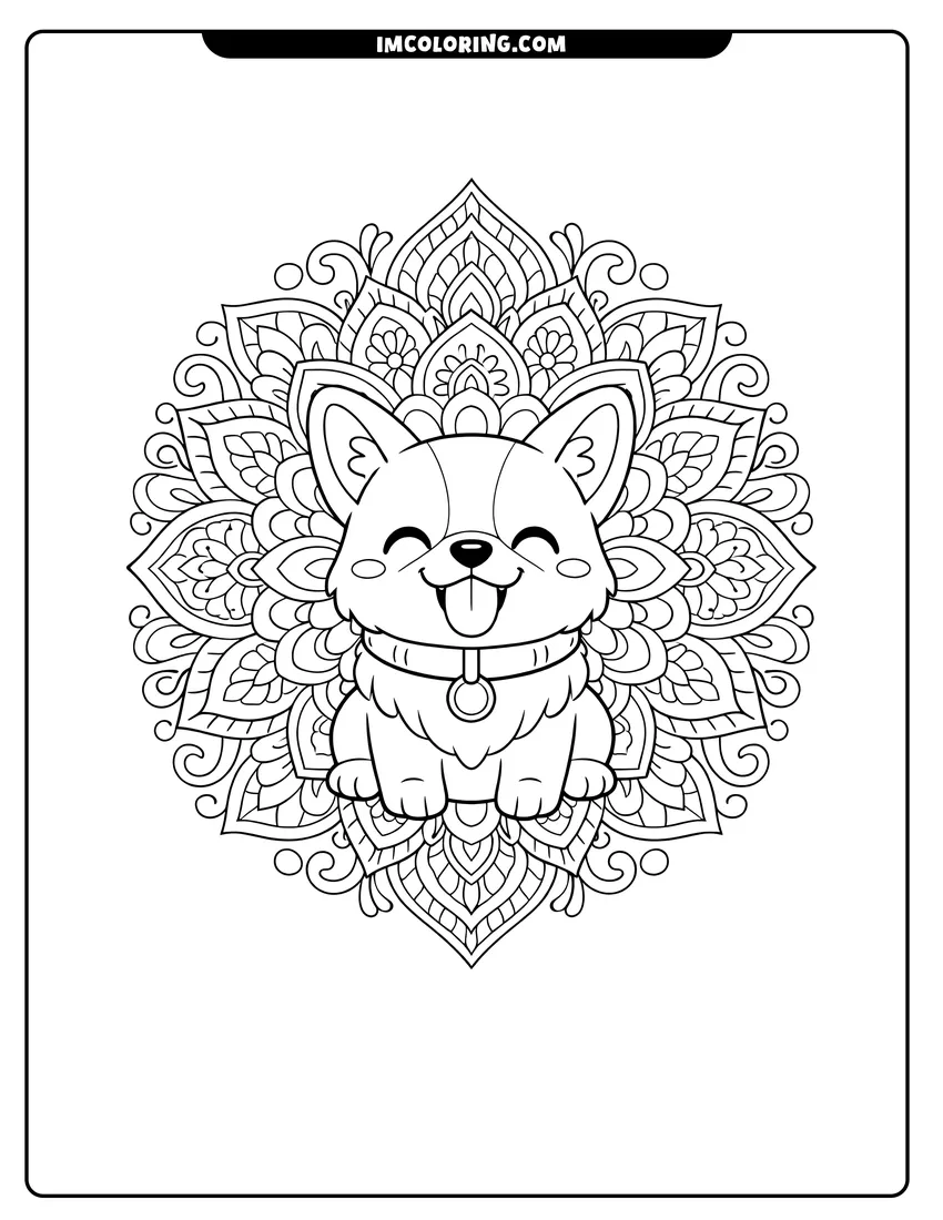 Kids activity sheet showing Joyful kawaii corgi centered inside a floral swirling mandala
