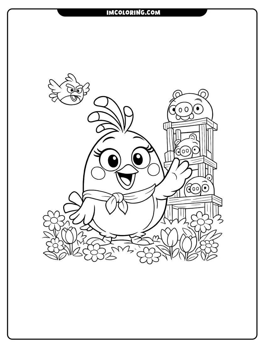 Kawaii style Matilda waving in a field of flowers near a tower coloring picture