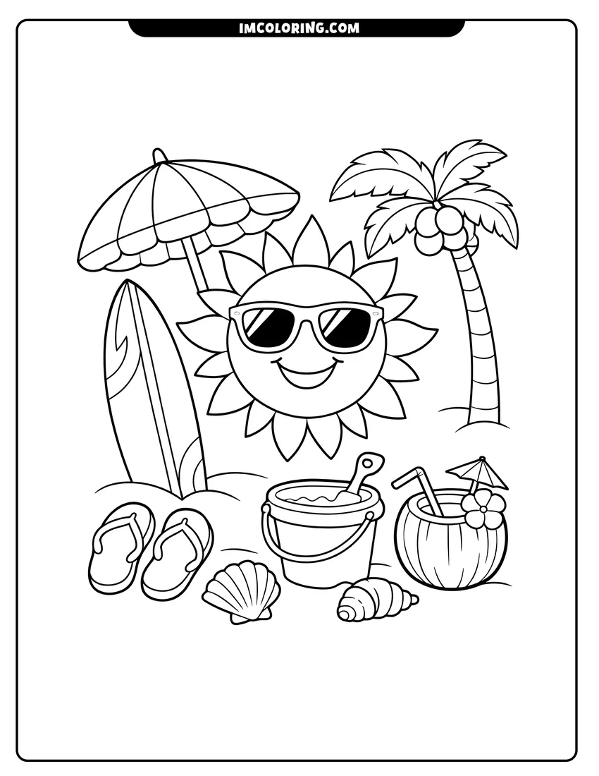 Line art depicting Smiling sun with surfboard, umbrella, and beach gear