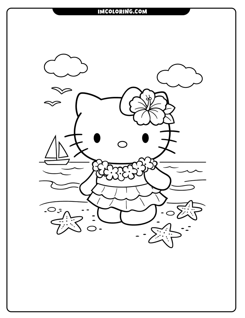 Printable outline of Hello Kitty in a dress on the beach
