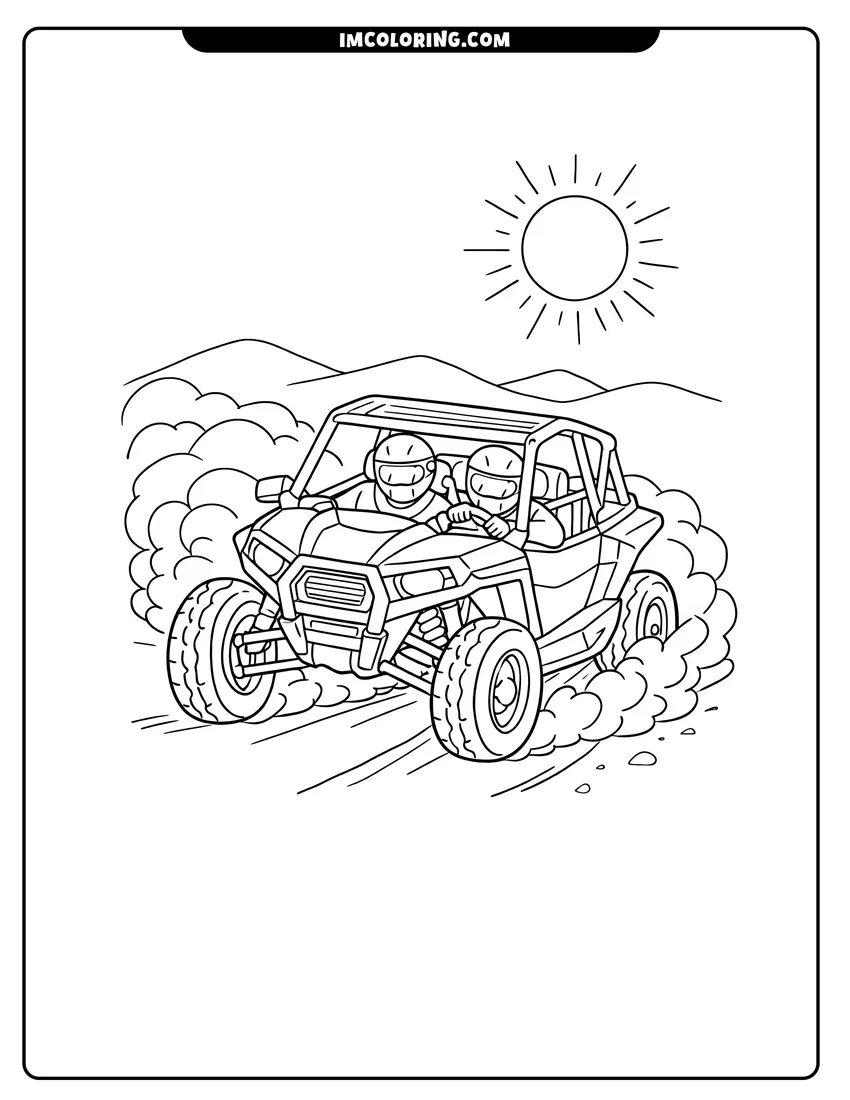 Kawaii style Modern UTV drifting on a dirt road coloring picture