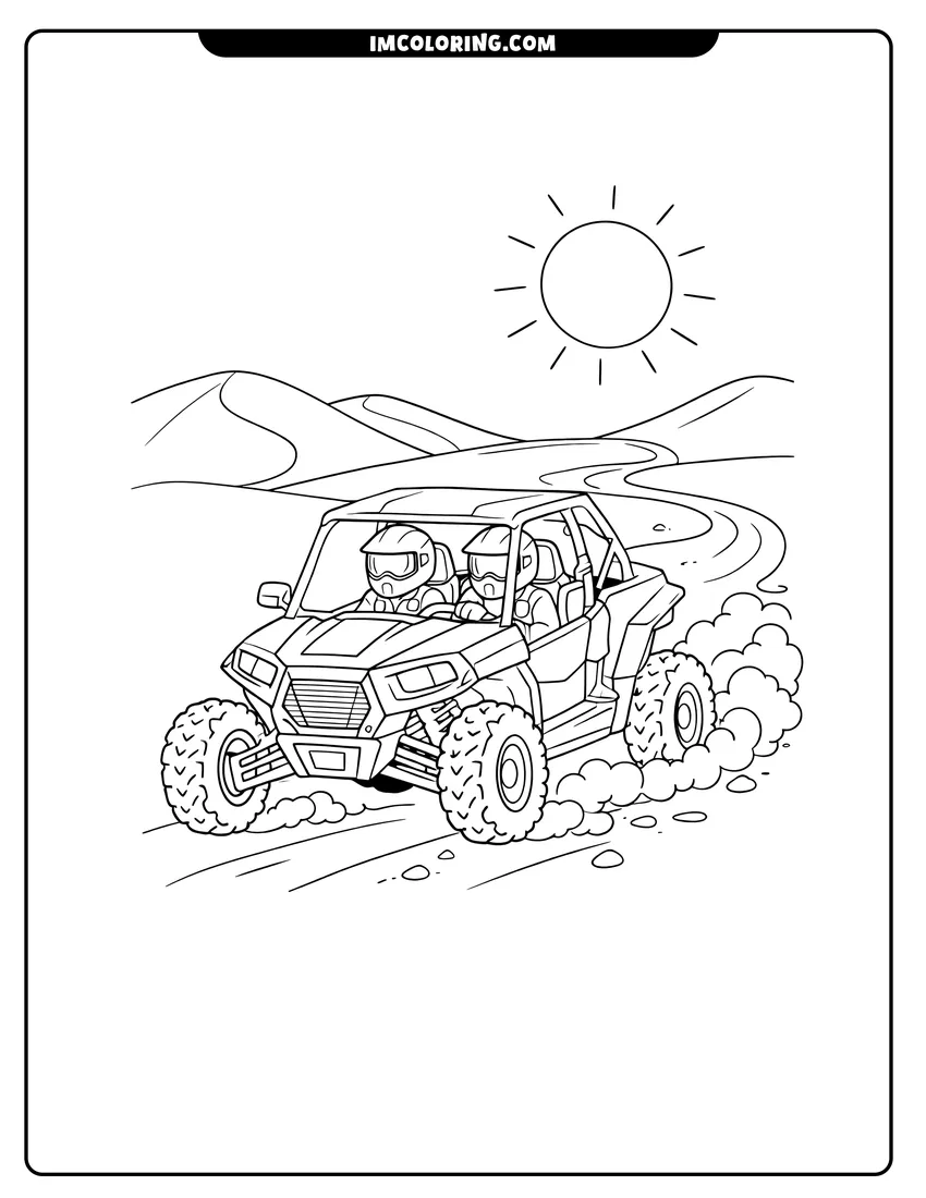 Simple sketch of Side-by-side UTV with two riders in the desert for children