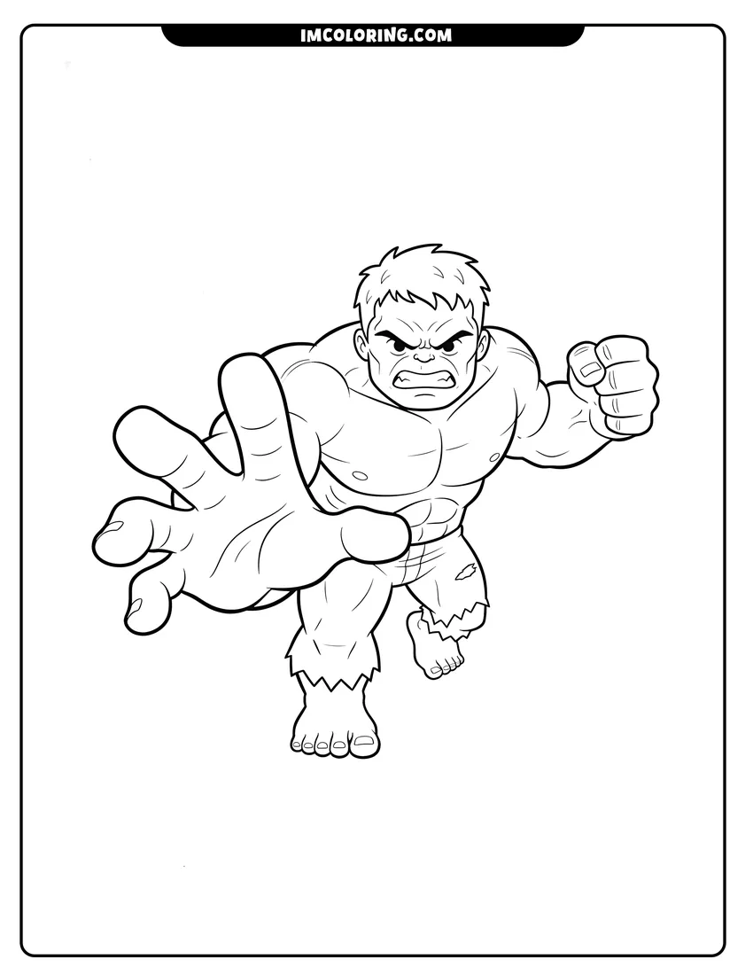 Printable coloring page featuring Hulk lunging forward with a furious expression