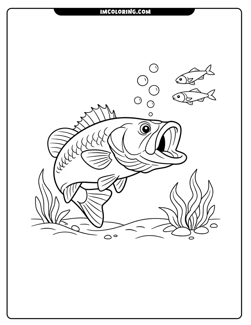 Printable Bass chasing minnows over a sandy bottom coloring activity