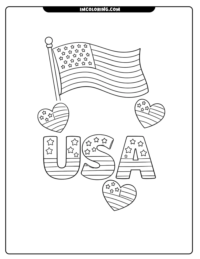 Kawaii style USA letters with flag and patriotic hearts coloring picture
