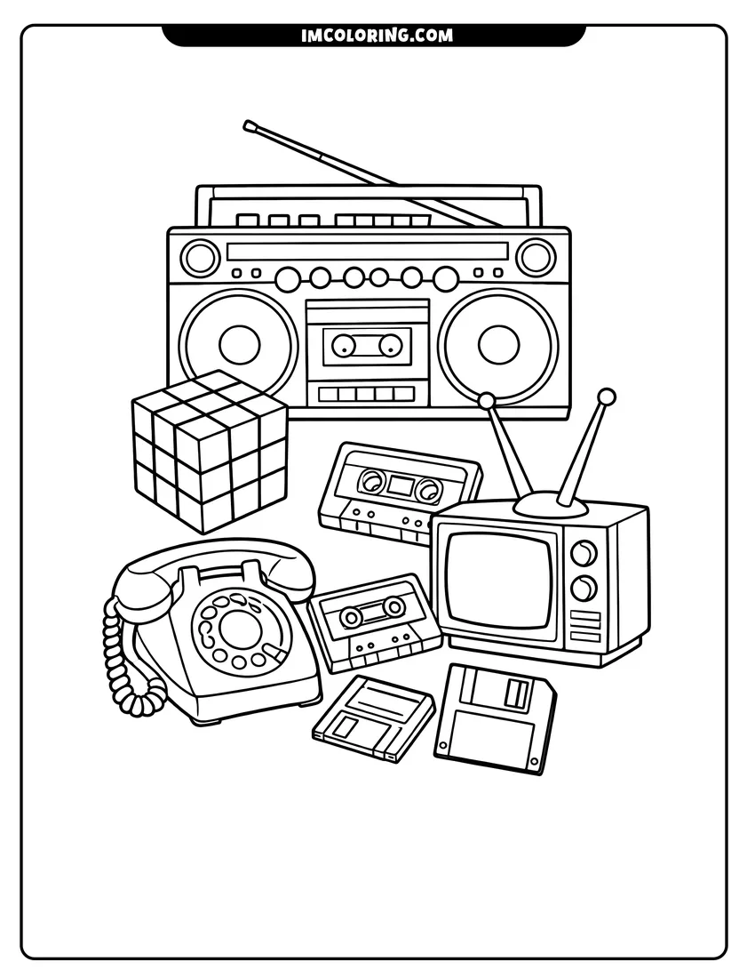 Simple sketch of Collection of 80S electronics and gadgets for children
