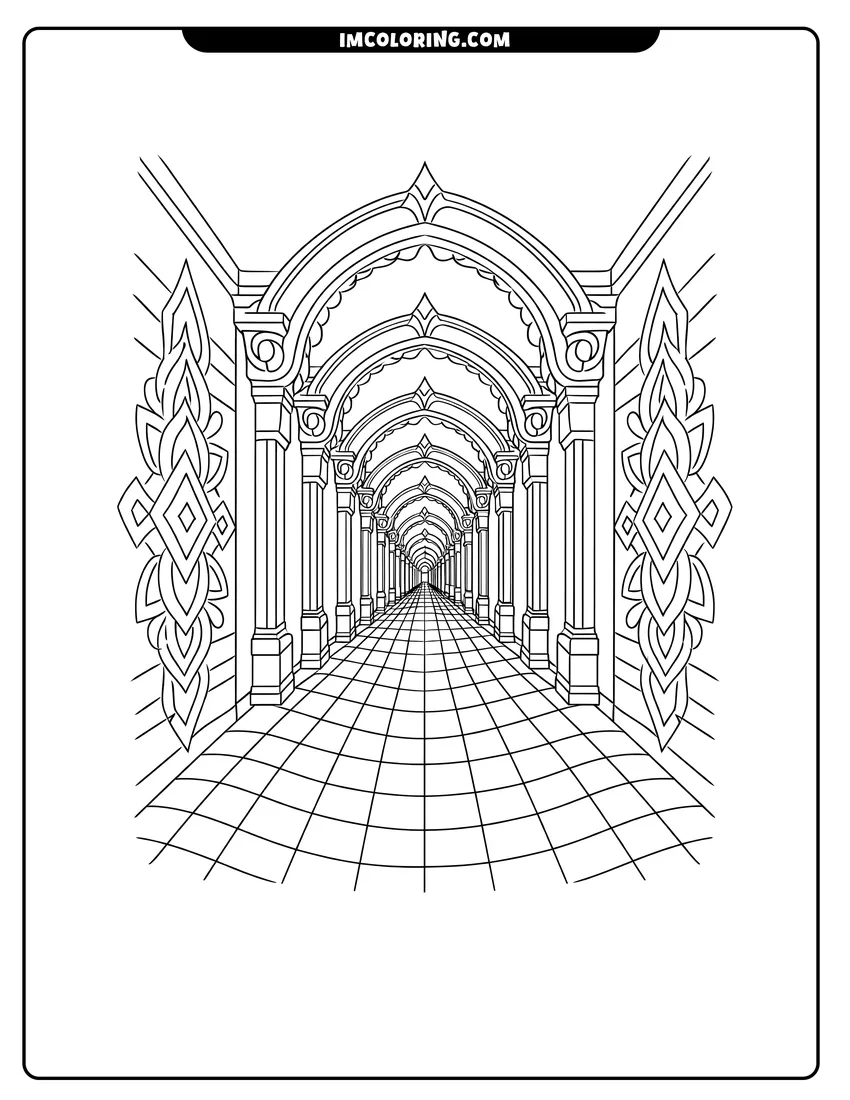 Black and white Abstract hallway with repeating archways and tiled floor coloring sheet