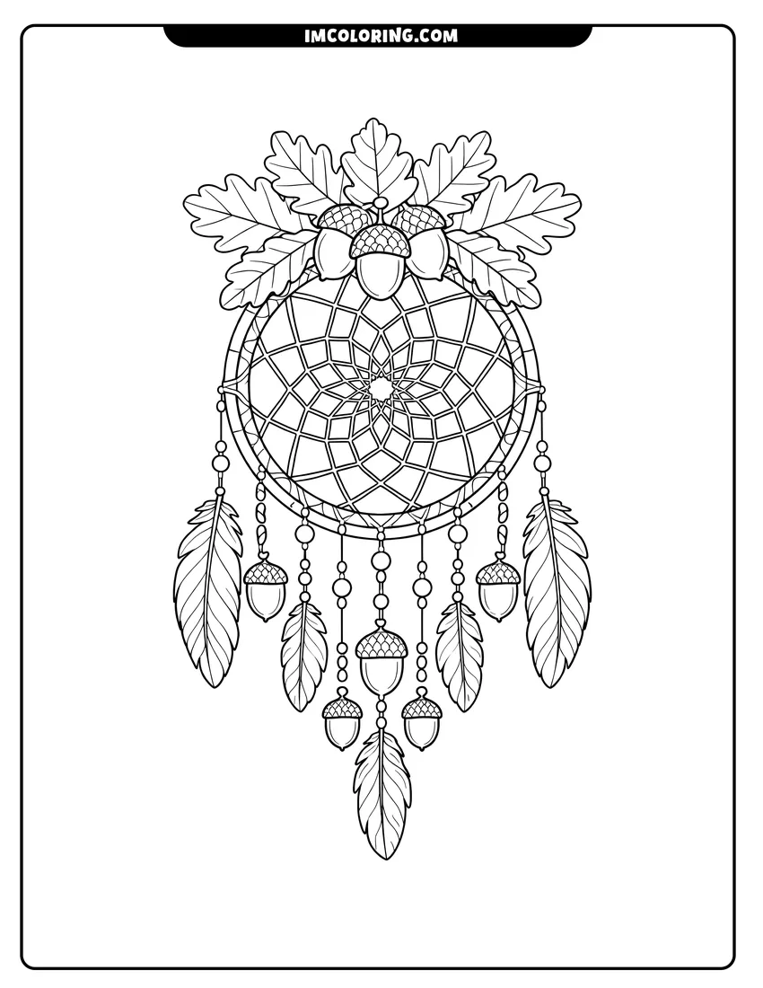 Kids activity sheet showing Acorn dreamcatcher with oak leaves and feathers