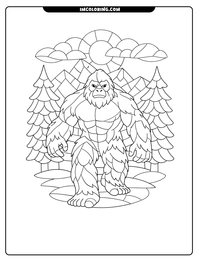 Stained glass style Bigfoot Yeti walking through stylized trees drawing meant for coloring