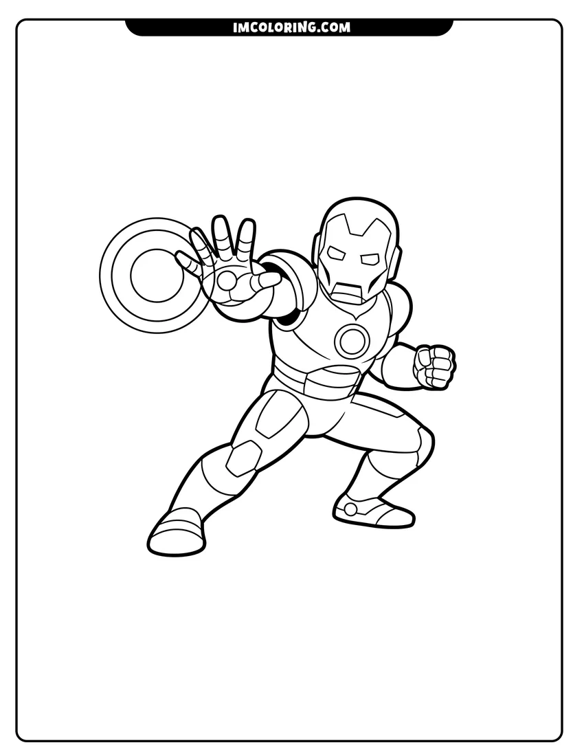 Printable outline of Iron Man crouching and aiming repulsor blast