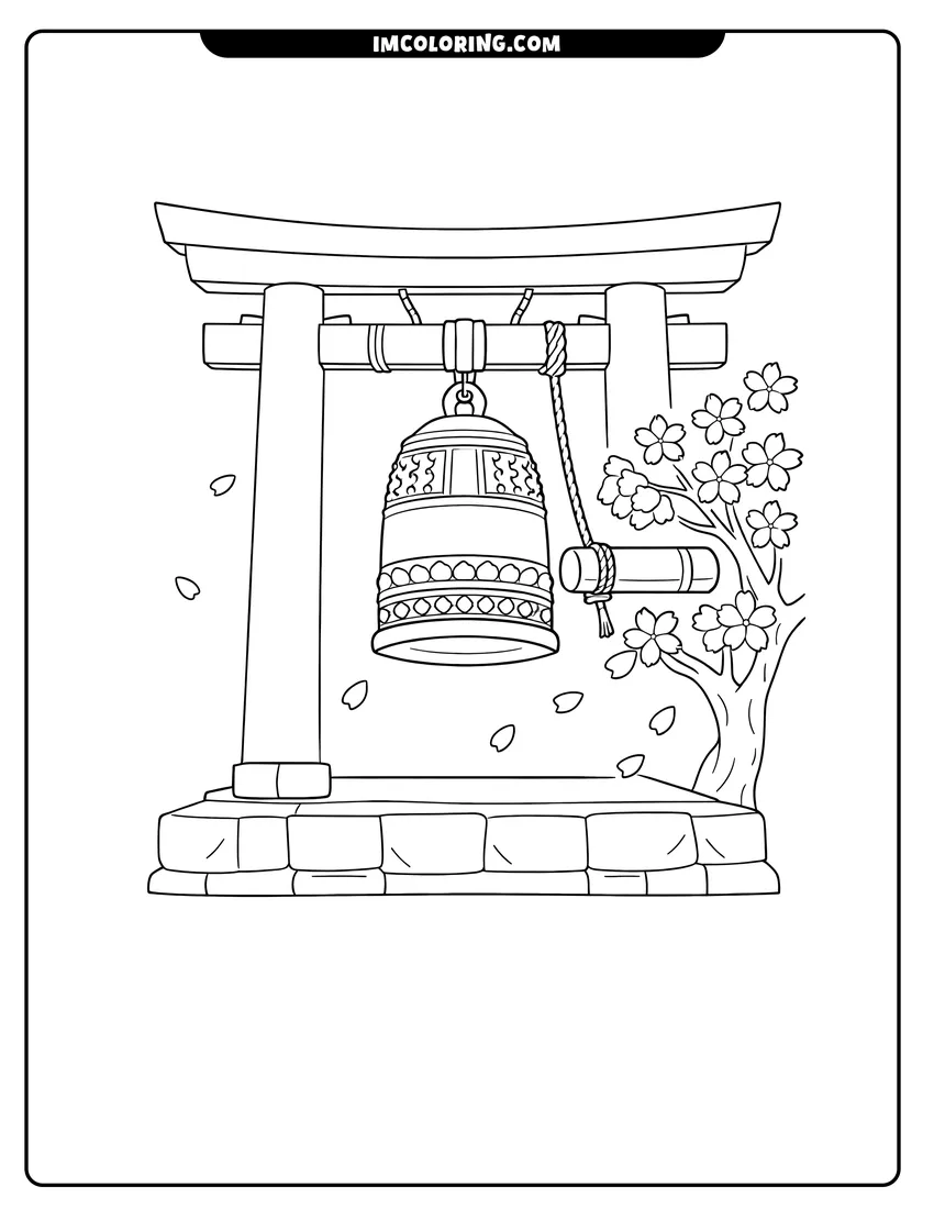 Line art depicting Japanese temple bell under a Torii gate with blossoms