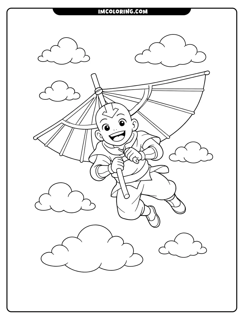 Simple line drawing of Aang flying on his glider staff