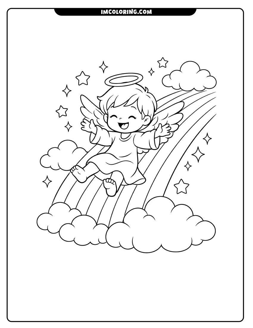 Printable outline of Cartoon angel sliding down a large rainbow with stars
