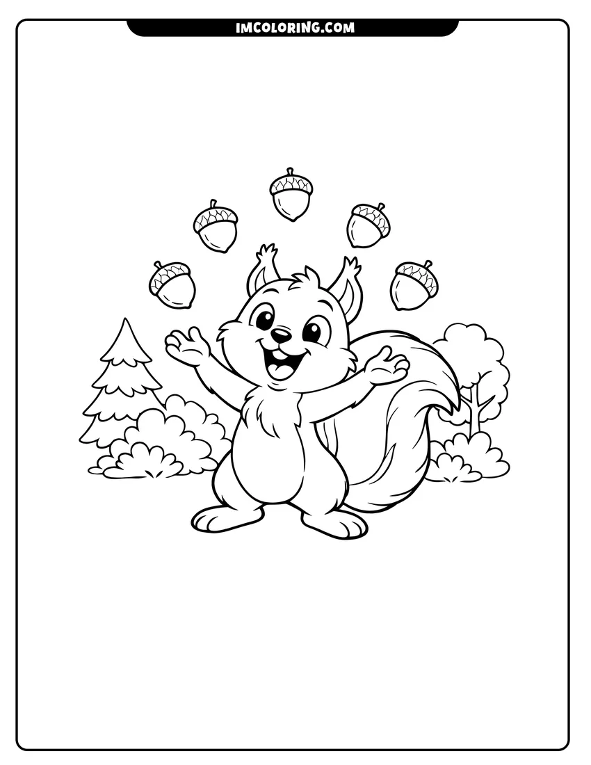 Scene showing Cartoon squirrel juggling acorns in a forest to color