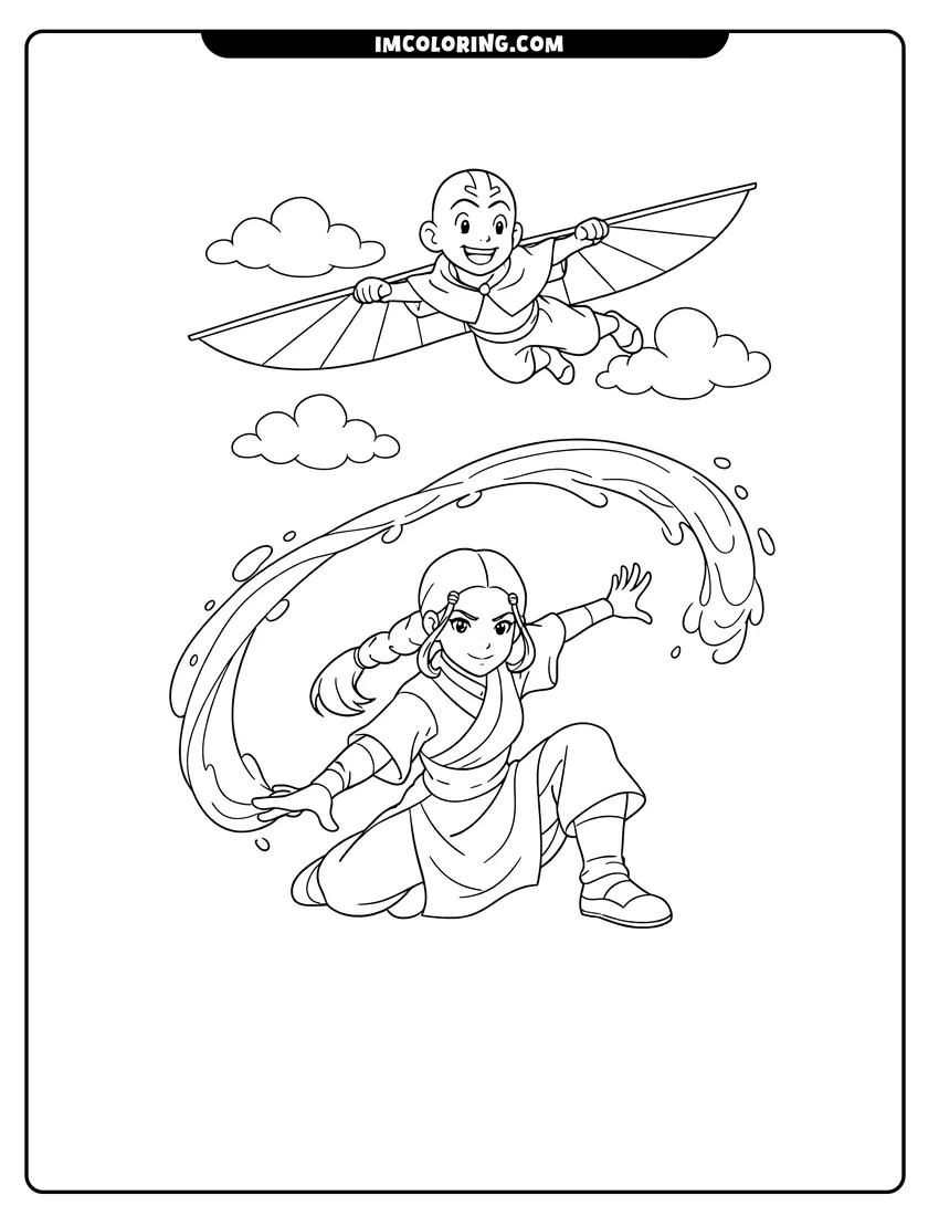 Printable coloring page featuring Katara and Aang training together
