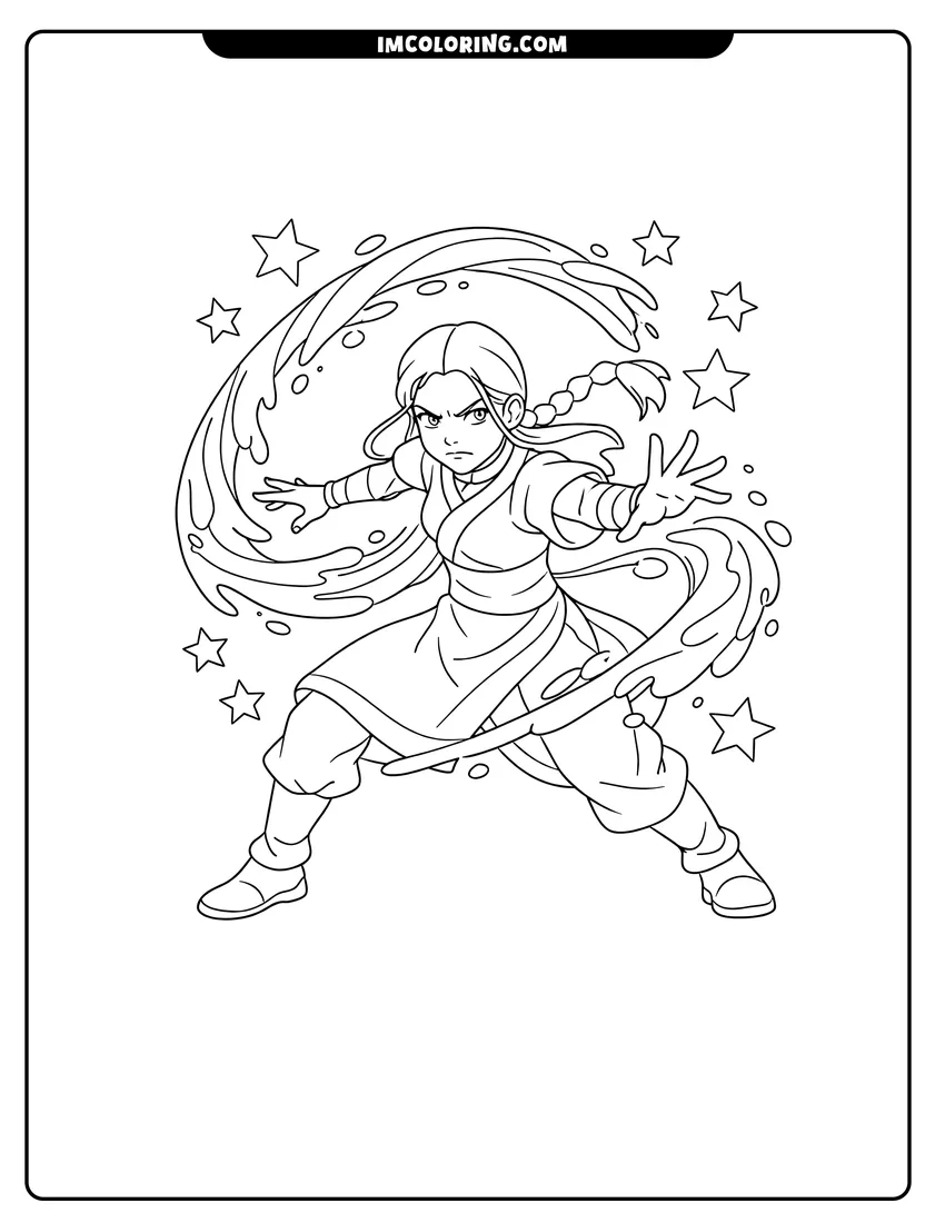 Outline of Katara with a water whip on a white background