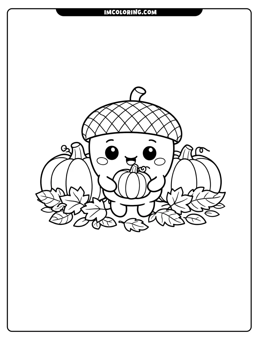Printable coloring page featuring Kawaii acorn holding a pumpkin in a patch