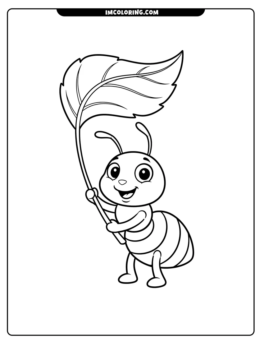 Cute Cute ant with swirly eyes holding a large leaf outline for coloring