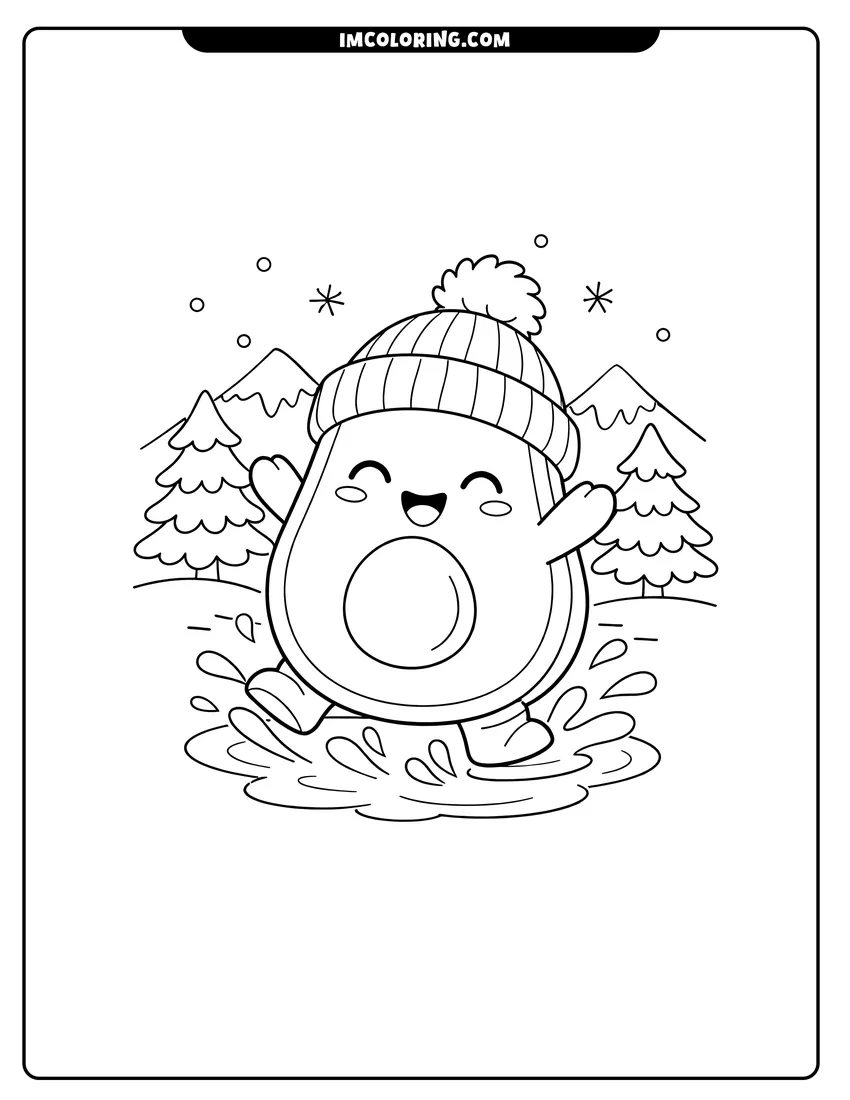 Kawaii style Kawaii avocado wearing a winter hat in the snow coloring picture