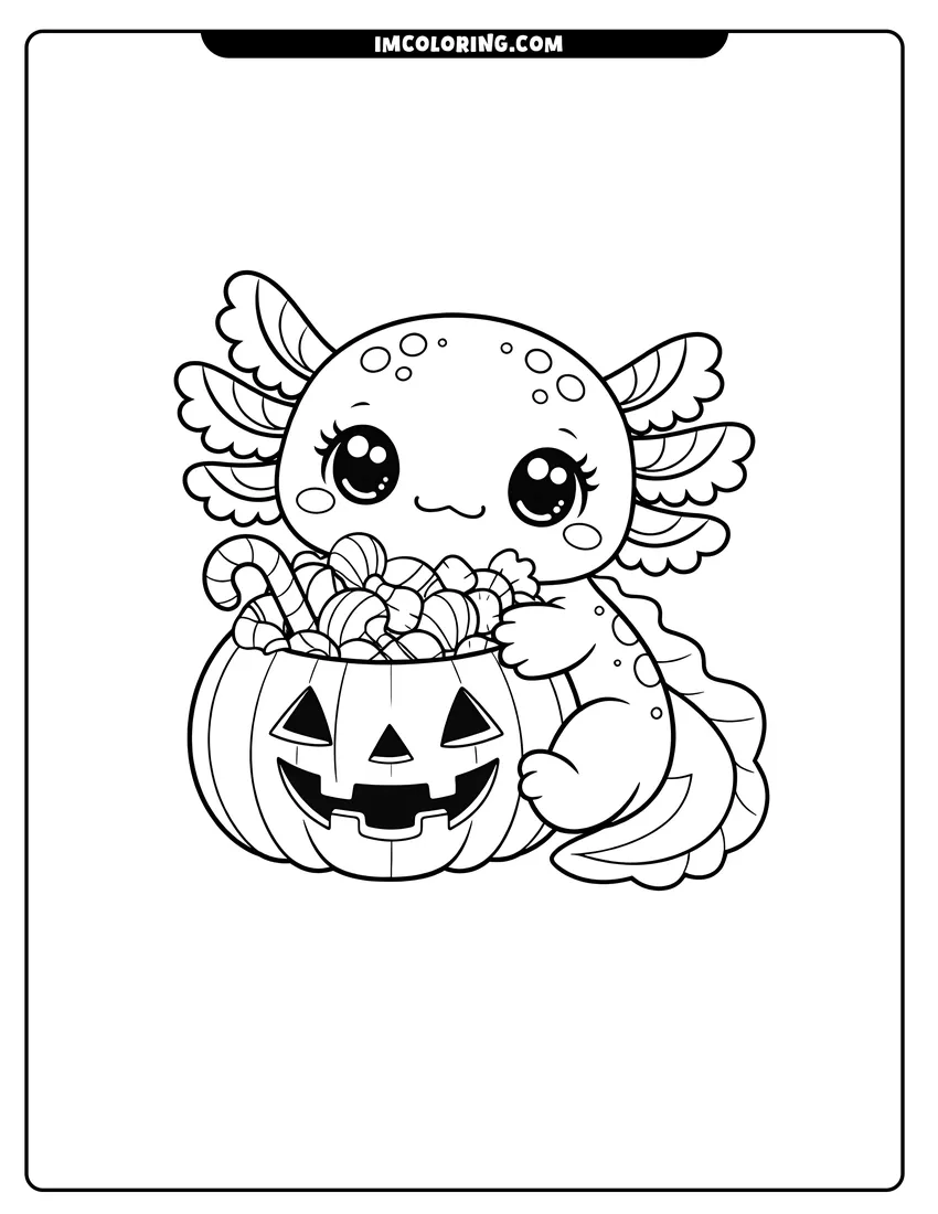 Kids activity sheet showing Kawaii axolotl hugging a pumpkin filled with candy
