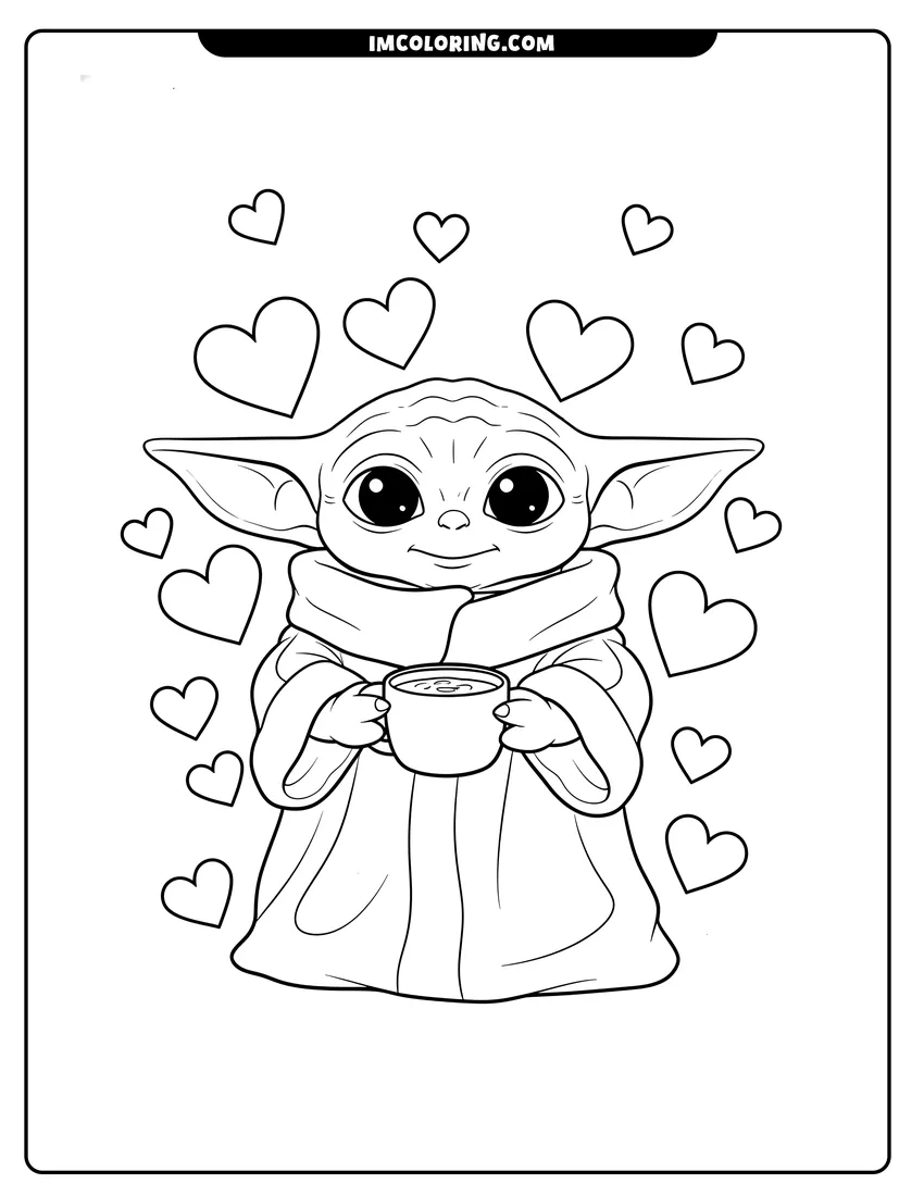 Simple sketch of Kawaii Baby Yoda with hearts and soup for children