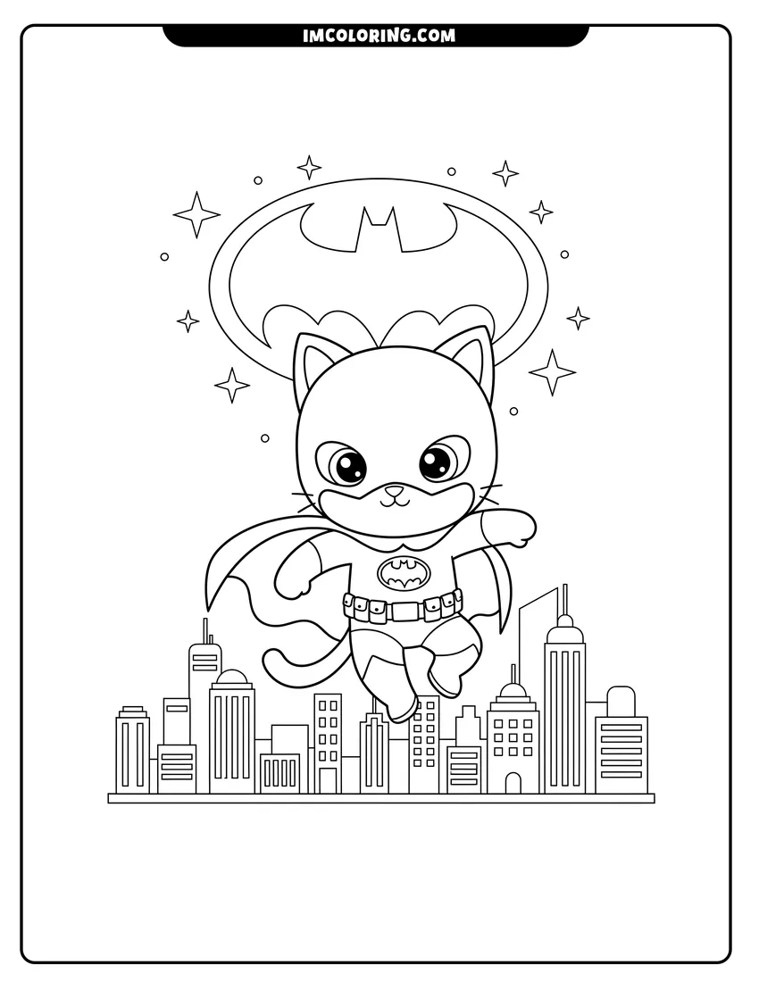 Outline of Kawaii cat-boy Batman leaping over a city skyline on a white background