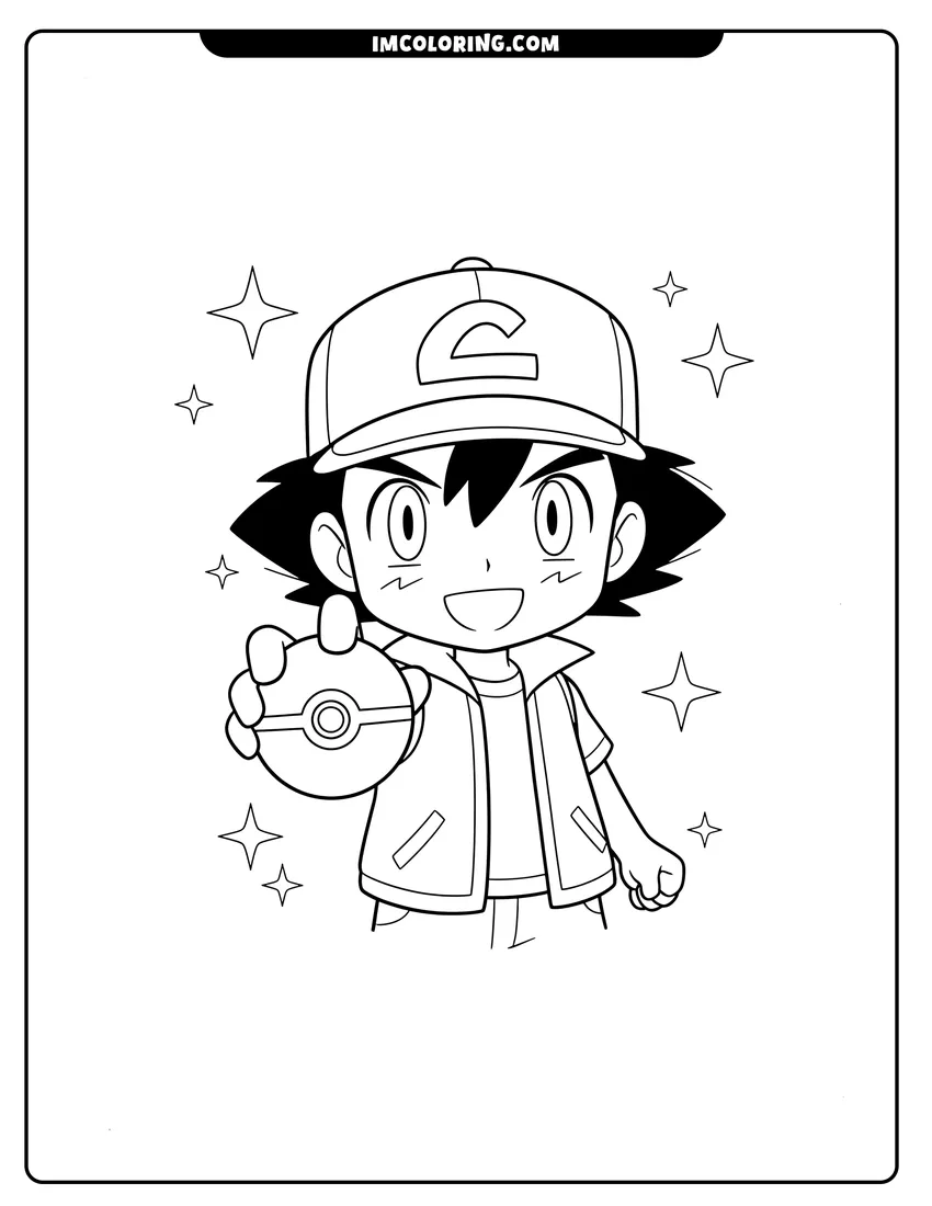 Simple sketch of Kawaii chibi Ash Ketchum with sparkles for children