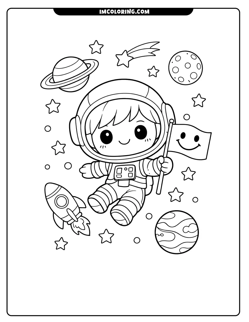 Coloring sheet of Kawaii chibi astronaut holding a smiley face flag for kids