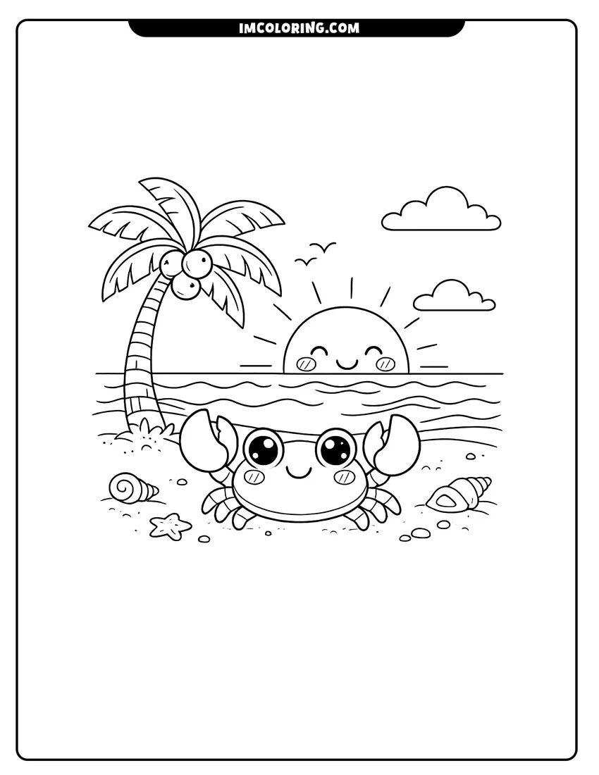 Detailed Cute kawaii crab on the sand with palm trees design for coloring