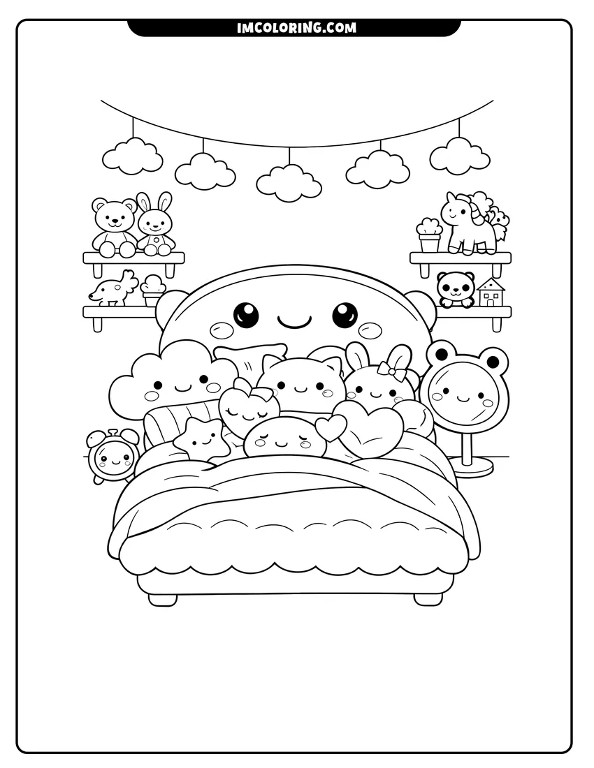 Black and white Kawaii bedroom with toy shelves and frog mirror coloring sheet
