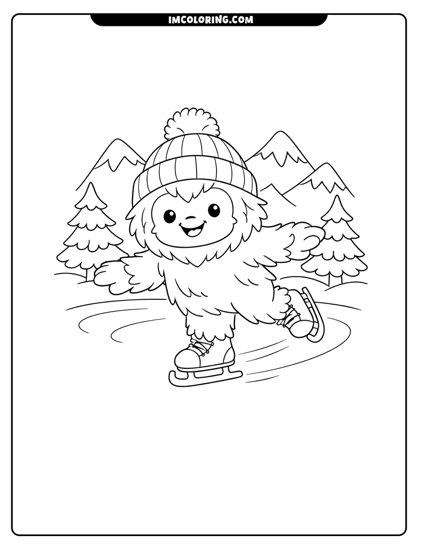 Cute Kawaii Yeti ice skating on a frozen river coloring page for preschoolers