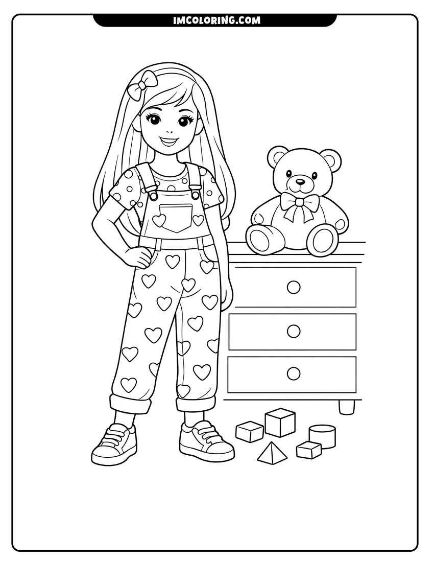 Simple sketch of Young girl Kelly in her bedroom with a teddy bear for children