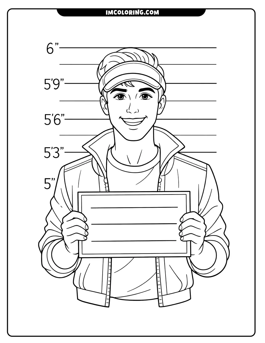 Kids activity sheet showing Smiling Ken holding a police mugshot sign