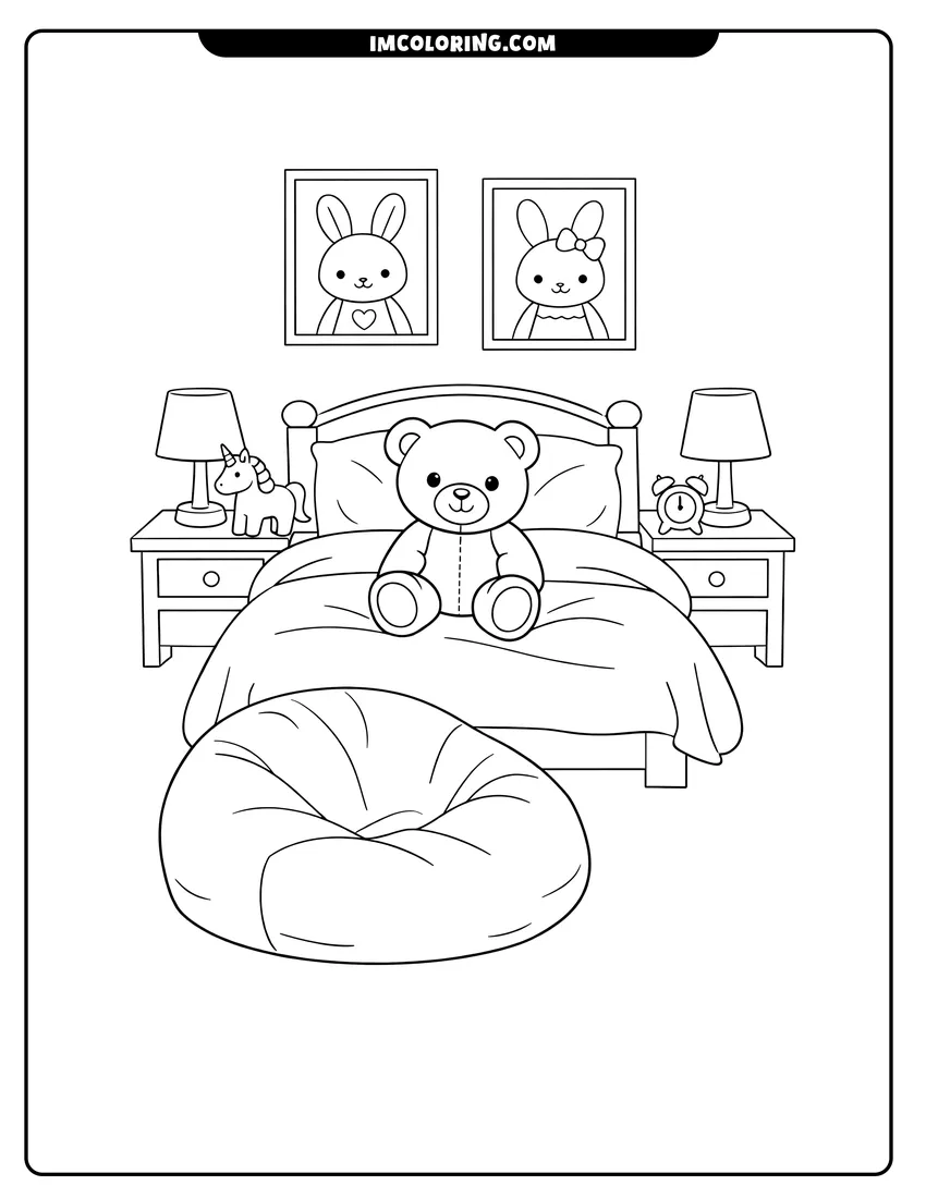 Kids bedroom with bean bag and teddy bear coloring page for preschoolers