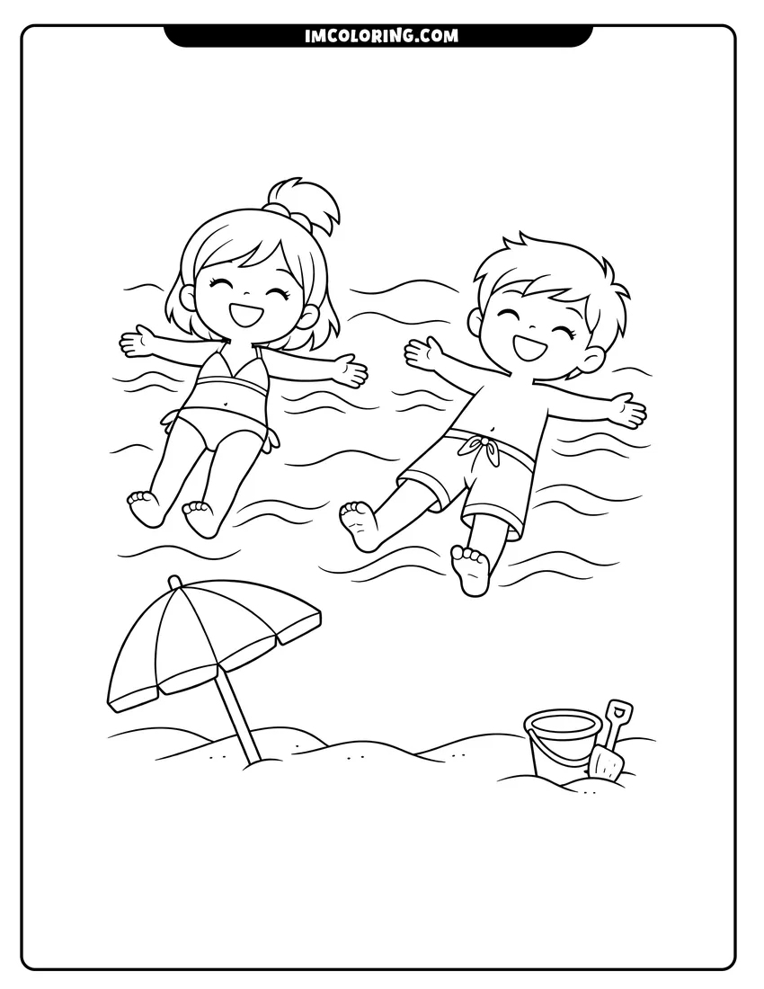Coloring sheet of Girl and boy floating in the ocean waves for kids