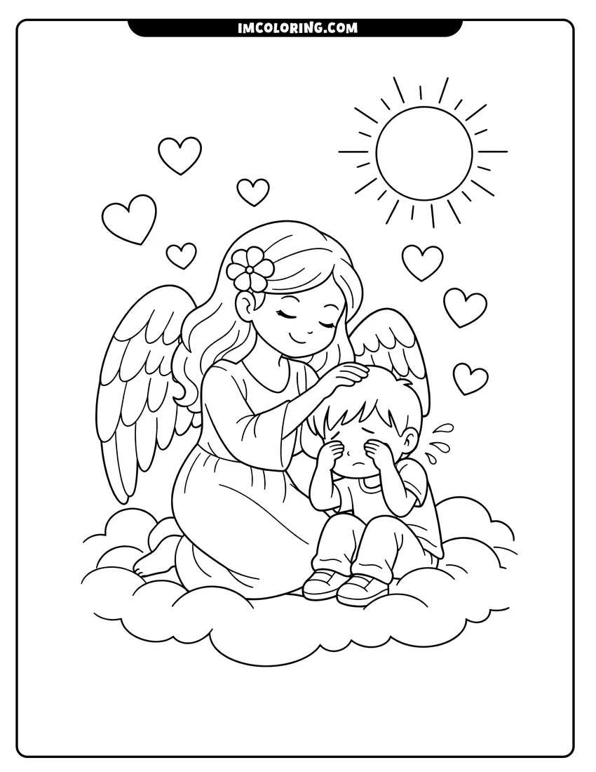 Scene showing Guardian angel comforting a small crying boy on clouds to color