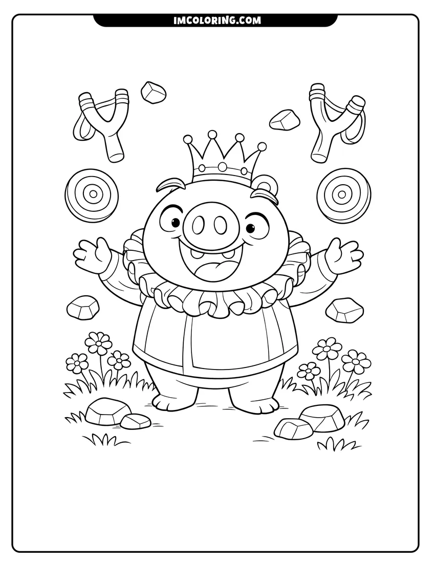Line art depicting King Pig standing in a flowery field with targets