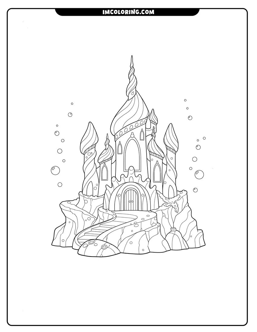 Detailed King Triton's underwater palace with seashell domes design for coloring