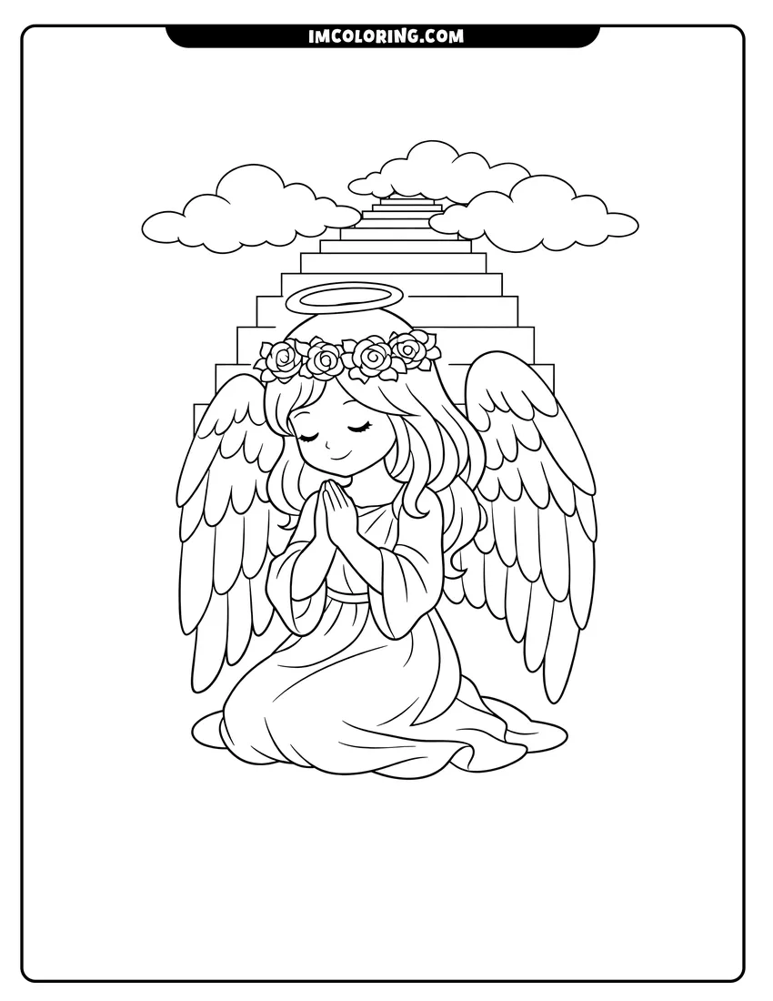 Kids activity sheet showing Angel kneeling in prayer on a staircase in clouds