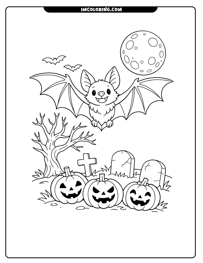Black and white Large bat flying over a graveyard and pumpkins coloring sheet