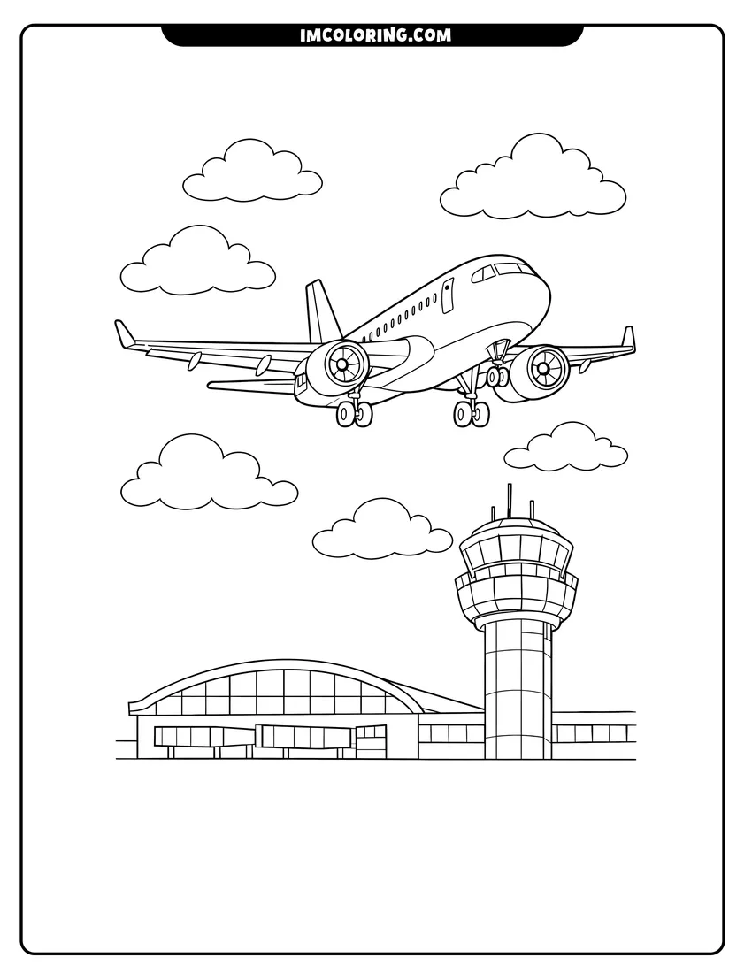 Kids activity sheet showing Large passenger jet airplane flying over airport terminal