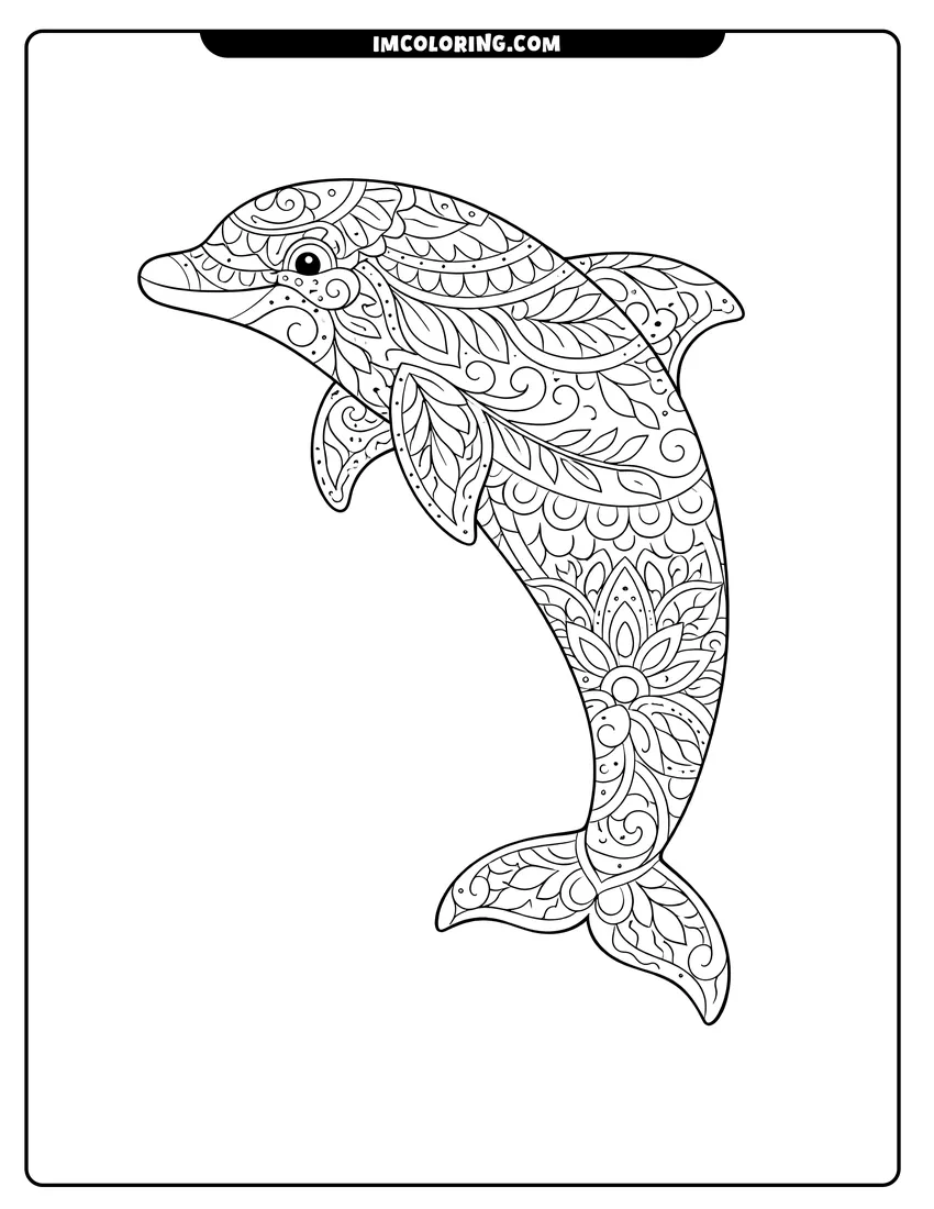 Line art depicting Graceful dolphin filled with complex mandala and leaf patterns